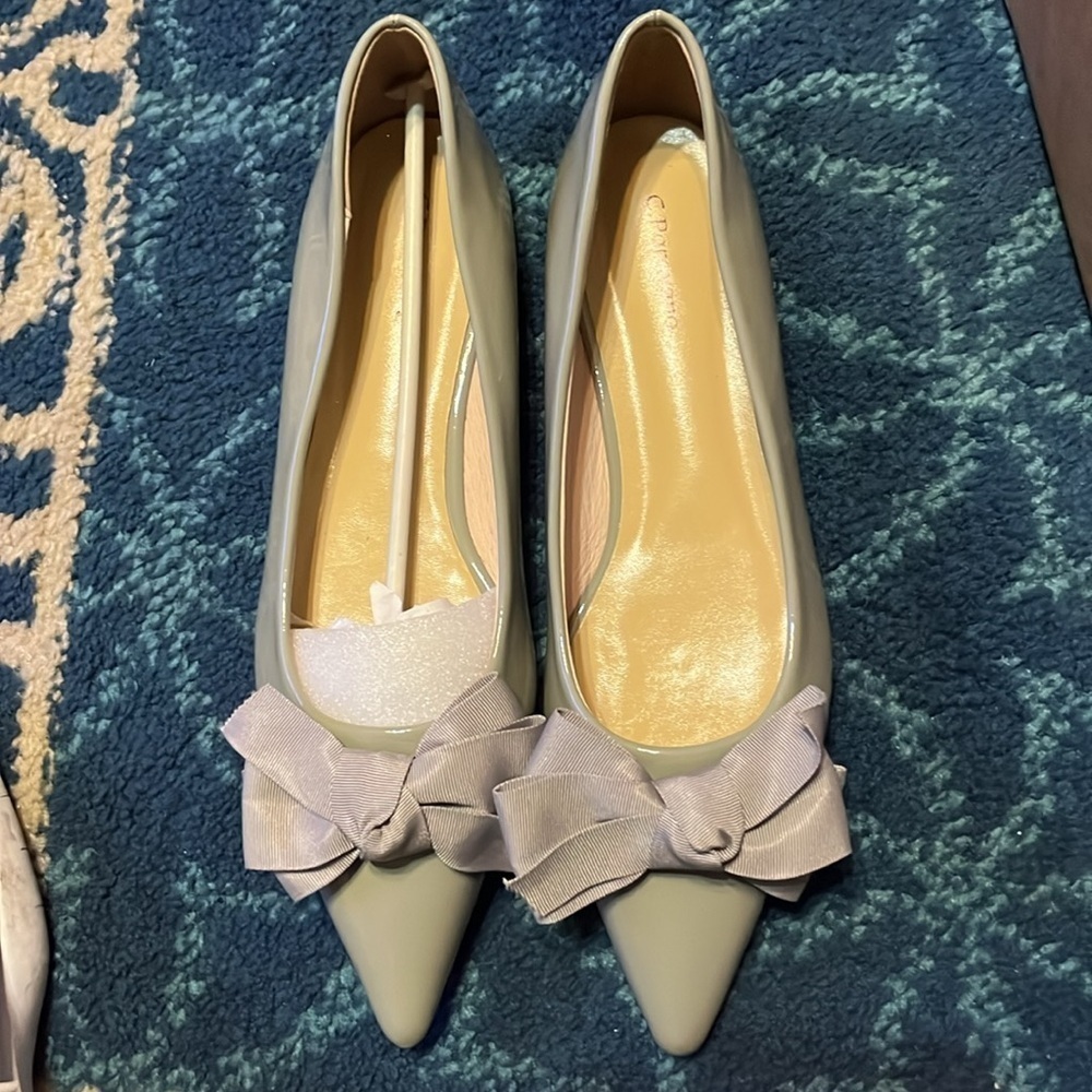 Caparravino Sage Green Patent Pointed Bow Ballet Flat - Picture 7 of 9